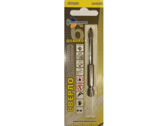 Сверло  6 х 75 мм по керамограниту и плитке квадро, шестигранный хвостовик, Гранит