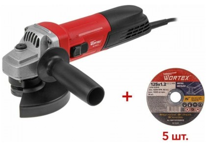Углошлифмашина Wortex одноручная AG 1213-4, 125 мм, 1200 Вт, 11 000 об/мин + 5 дисков