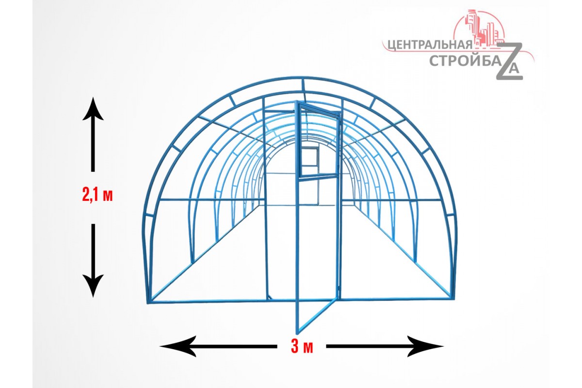 Теплица Фермер 3х4х2,1м Двойные опорные дуги, окрашенная, 2 двери, 3 дуги с  шагом 1м, 12 вставок, 2 основания по 4м