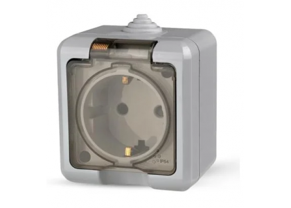Розетка 1-местная о/п с заземлением 16А IP54 250В прозрачная крышка серая Dita