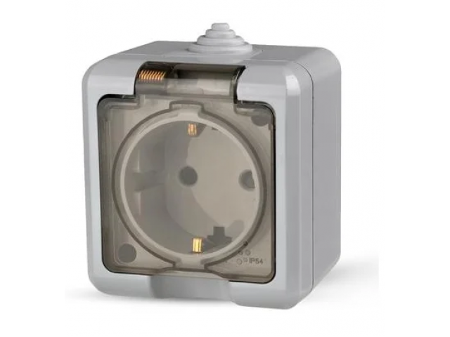 Розетка 1-местная о/п с заземлением 16А IP54 250В прозрачная крышка серая Dita