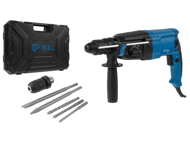 Перфоратор BULL BH 2602, 4 режима, 3 Дж, 2 зубила, 3 сверла, БЗП в комп, 800 Вт, кейс